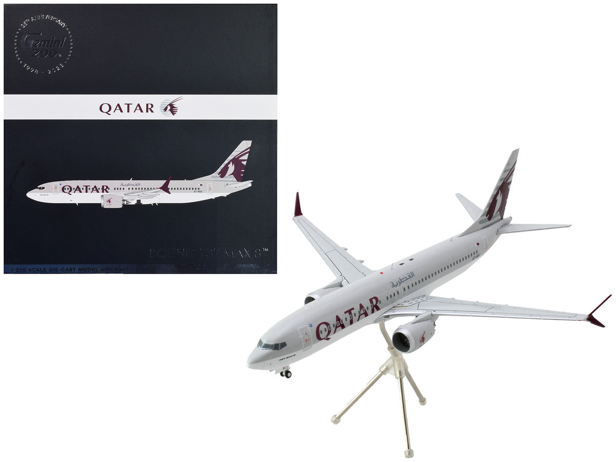 Boeing 737 MAX 8 Commercial Aircraft "Qatar Airways" Gray and White with Tail Graphics "Gemini 200" Series 1/200 Diecast Model Airplane by GeminiJets-0