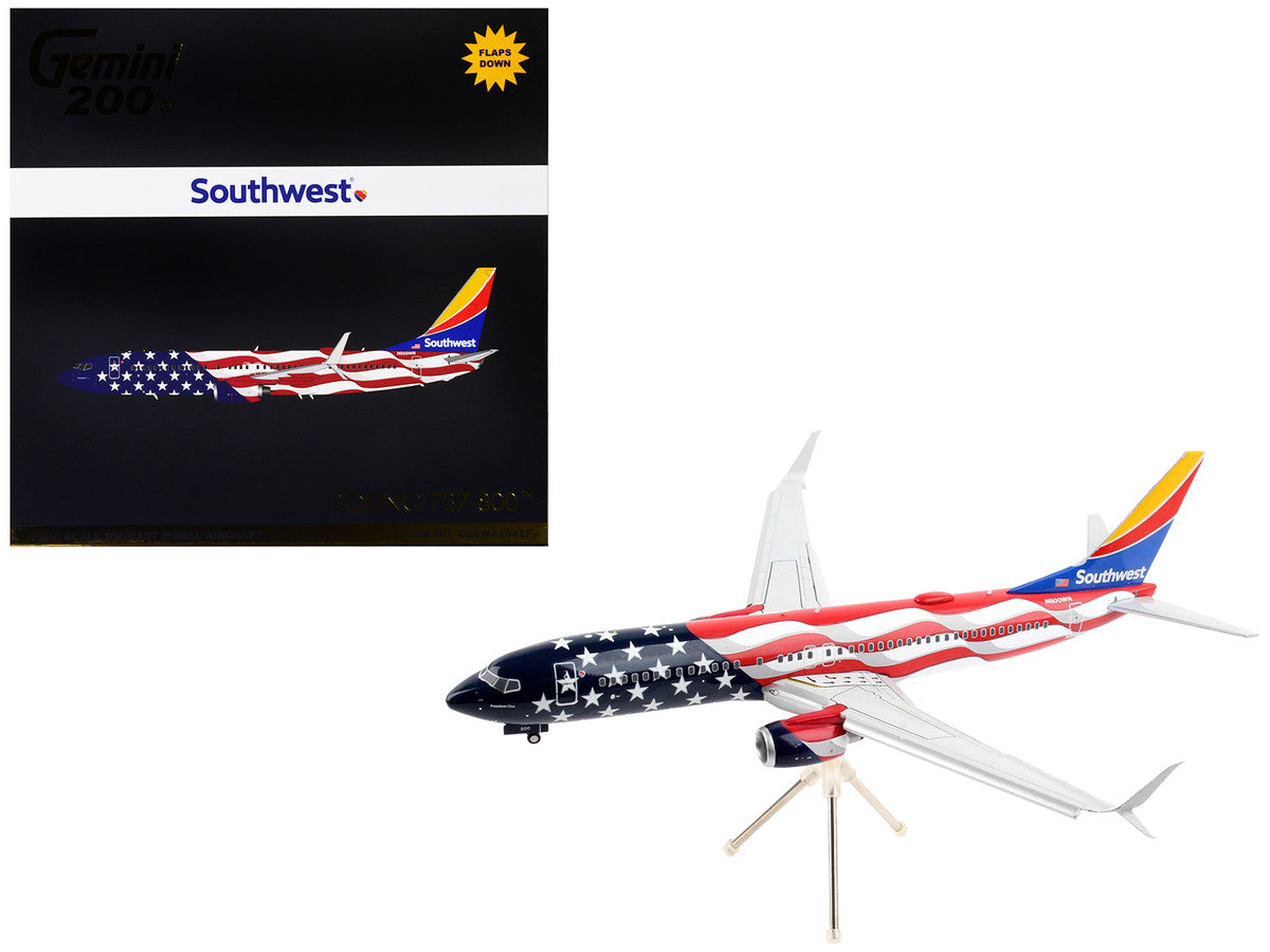 Boeing 737-800 Commercial Aircraft with Flaps Down "Southwest Airlines - Freedom One" American Flag Livery "Gemini 200" Series 1/200 Diecast Model Airplane by GeminiJets-0