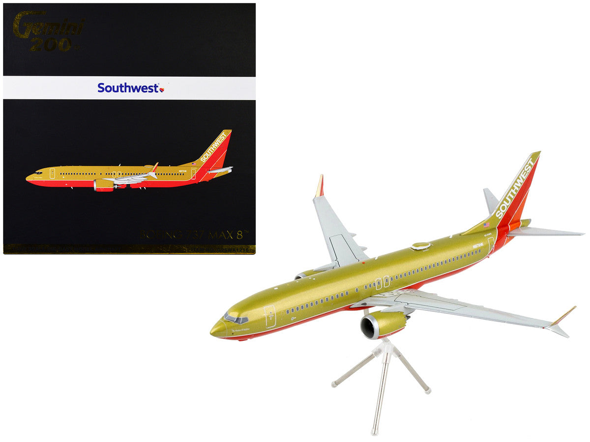 Boeing 737 MAX 8 Commercial Aircraft "Southwest Airlines" Gold and Red "Gemini 200" Series 1/200 Diecast Model Airplane by GeminiJets-0