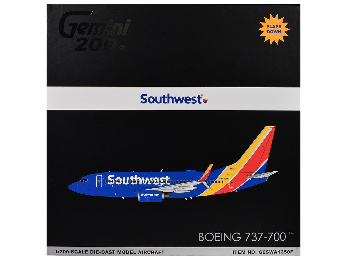 Boeing 737-700 Commercial Aircraft with Flaps Down "Southwest Airlines" (N943WN) Blue with Striped Tail "Gemini 200" Series 1/200 Diecast Model Airplane by GeminiJets-2