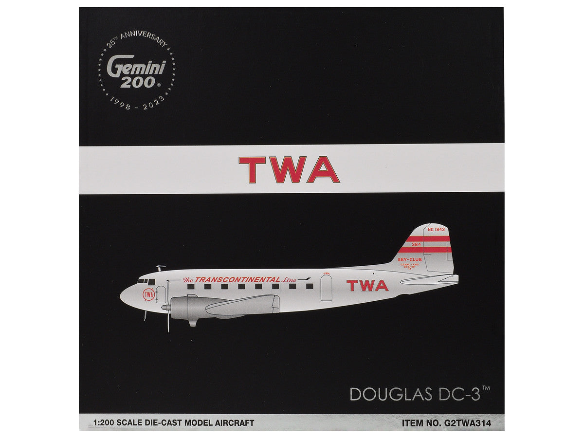 ouglas DC-3 Commercial Aircraft "TWA (Trans World Airlines)" (NC1943) Polished Metal Finish with Red Tail Stripes "Gemini 200" Series 1/200 Diecast Model Airplane by GeminiJets 3