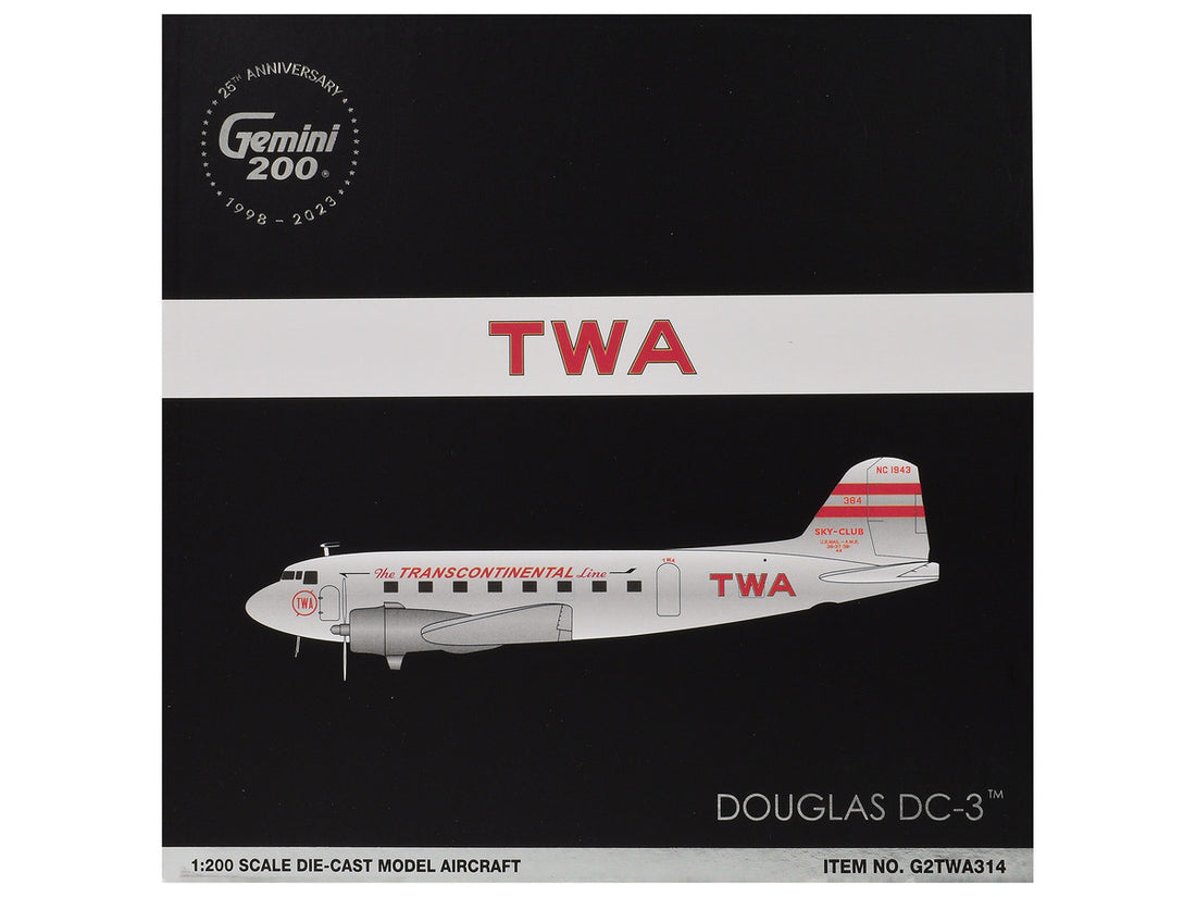 ouglas DC-3 Commercial Aircraft "TWA (Trans World Airlines)" (NC1943) Polished Metal Finish with Red Tail Stripes "Gemini 200" Series 1/200 Diecast Model Airplane by GeminiJets 3