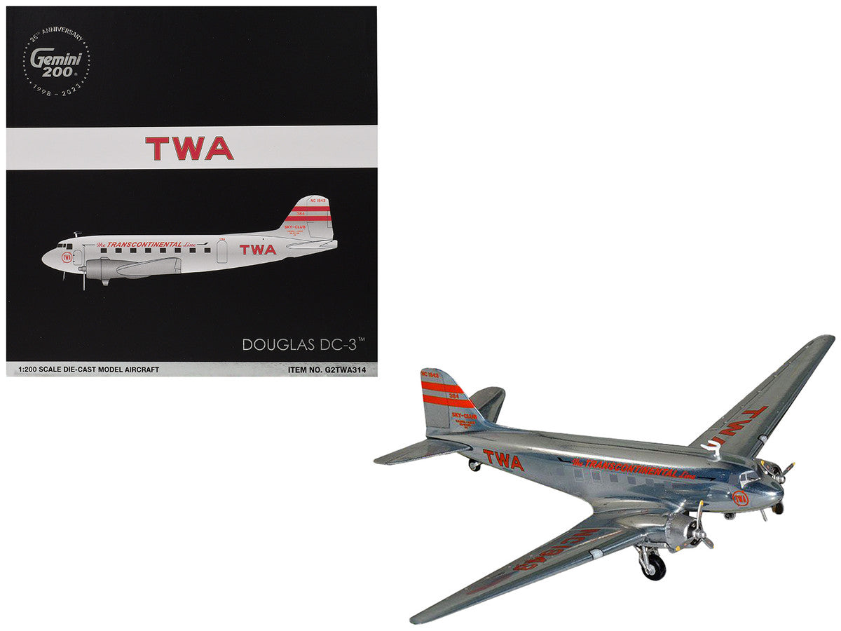 ouglas DC-3 Commercial Aircraft "TWA (Trans World Airlines)" (NC1943) Polished Metal Finish with Red Tail Stripes "Gemini 200" Series 1/200 Diecast Model Airplane by GeminiJets