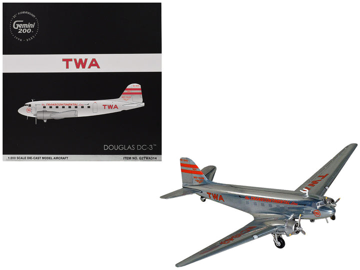 ouglas DC-3 Commercial Aircraft "TWA (Trans World Airlines)" (NC1943) Polished Metal Finish with Red Tail Stripes "Gemini 200" Series 1/200 Diecast Model Airplane by GeminiJets