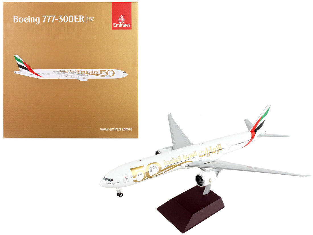 Boeing 777-300ER Commercial Aircraft "Emirates Airlines - 50th Anniversary of UAE" White with Striped Tail "Gemini 200" Series 1/200 Diecast Model Airplane by GeminiJets-0