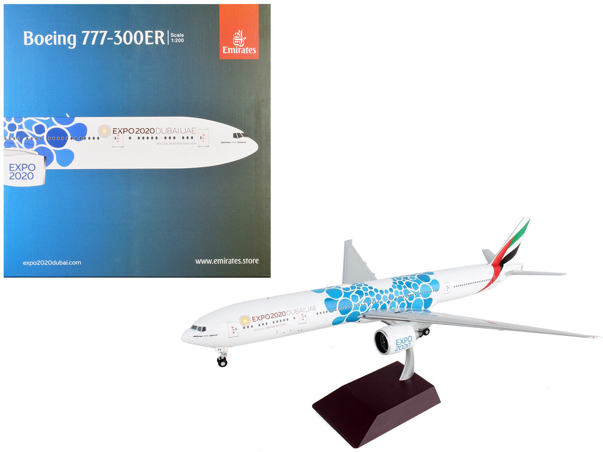Boeing 777-300ER Commercial Aircraft "Emirates Airlines - Dubai Expo 2020" White with Blue Graphics "Gemini 200" Series 1/200 Diecast Model Airplane by GeminiJets-0