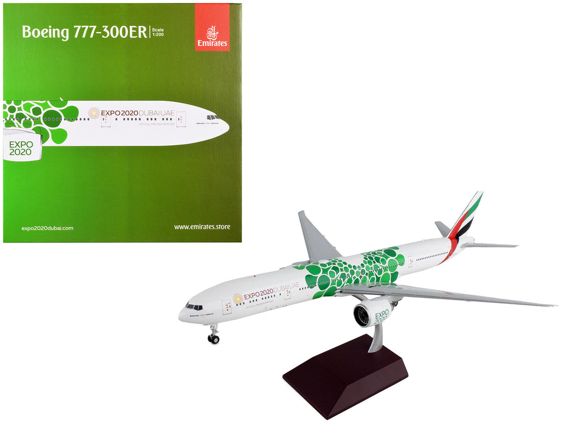 Boeing 777-300ER Commercial Aircraft "Emirates Airlines - Dubai Expo 2020" White with Green Graphics "Gemini 200" Series 1/200 Diecast Model Airplane by GeminiJets-0