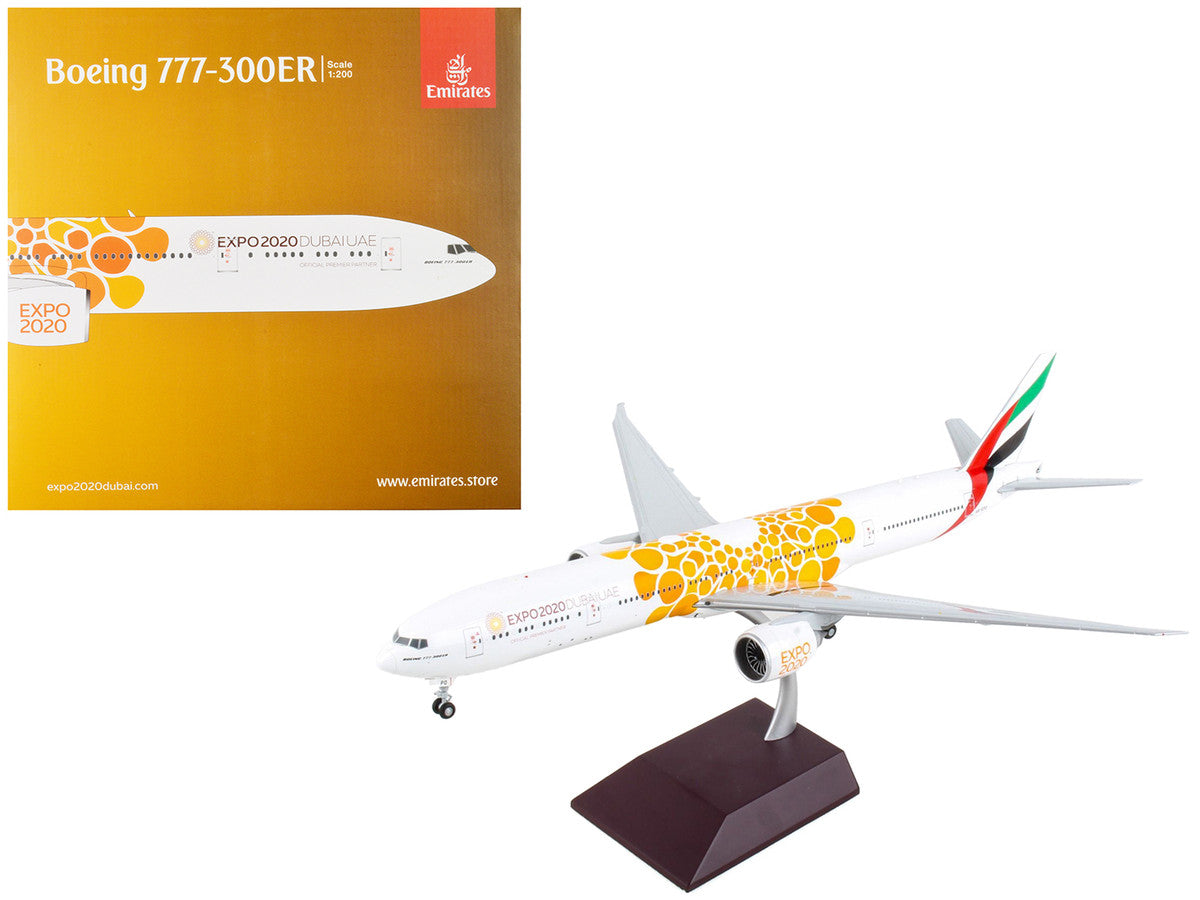 Boeing 777-300ER Commercial Aircraft "Emirates Airlines - Dubai Expo 2020" White with Orange Graphics "Gemini 200" Series 1/200 Diecast Model Airplane by GeminiJets-0