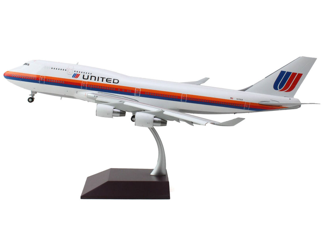 Boeing 747-400 Commercial Aircraft with Flaps Down "United Airlines - Saul Bass Livery" (N175UA) White with Stripes "Gemini 200" Series 1/200 Diecast Model Airplane by GeminiJets-0