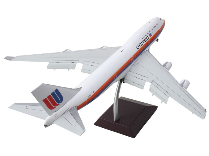 Boeing 747-400 Commercial Aircraft with Flaps Down "United Airlines - Saul Bass Livery" (N175UA) White with Stripes "Gemini 200" Series 1/200 Diecast Model Airplane by GeminiJets-1