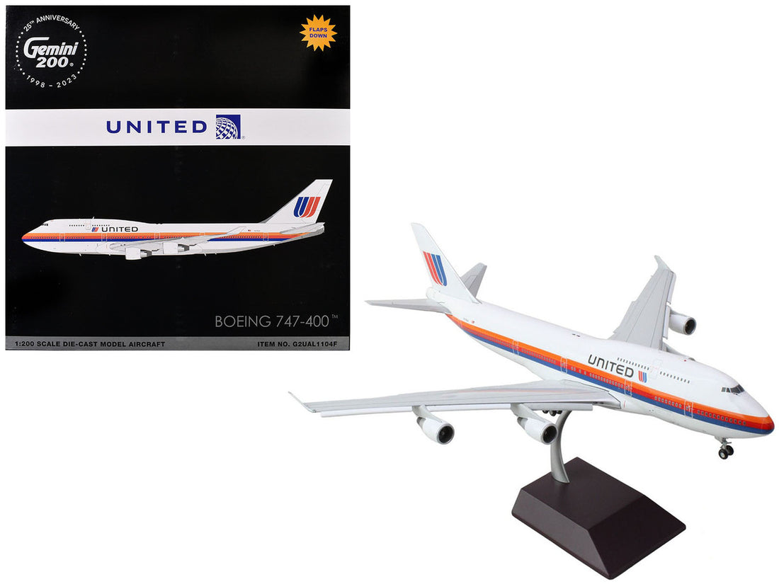 Boeing 747-400 Commercial Aircraft with Flaps Down "United Airlines - Saul Bass Livery" (N175UA) White with Stripes "Gemini 200" Series 1/200 Diecast Model Airplane by GeminiJets-2