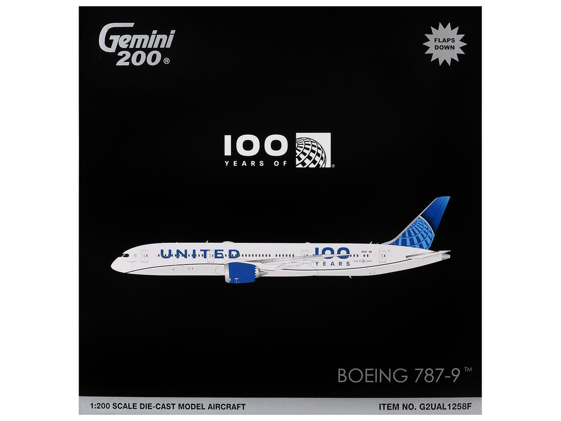 Boeing 787-9 Commercial Aircraft with Flaps Down "United Airlines 100 Years" (N61101) White with Graphics and Blue Tail "Gemini 200" Series 1/200 Diecast Model by GeminiJets 3