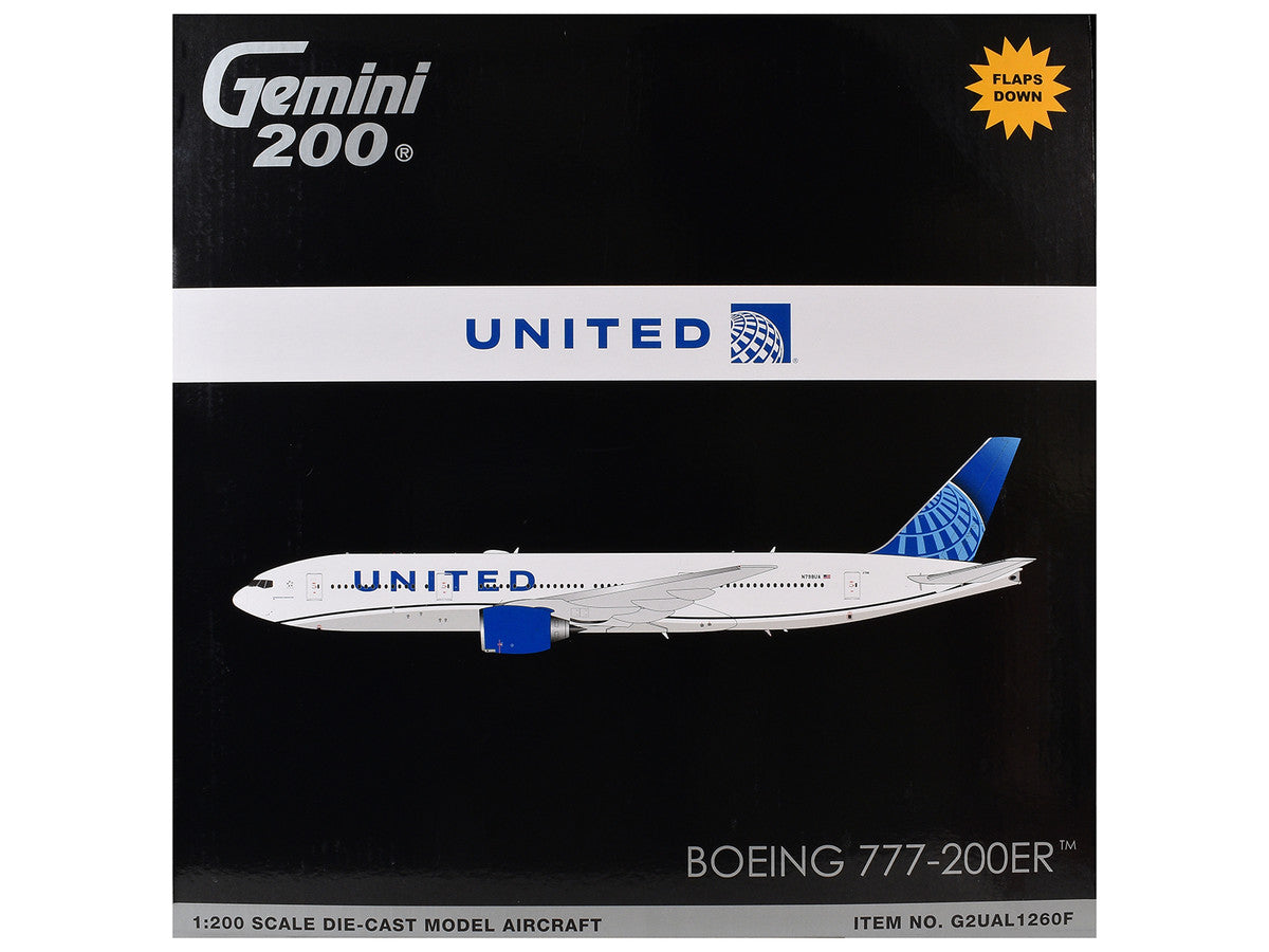 Boeing 777-200ER Commercial Aircraft with Flaps Down "United Airlines" (N798UA) White with Blue Tail "Gemini 200" Series 1/200 Diecast Model by GeminiJets-1