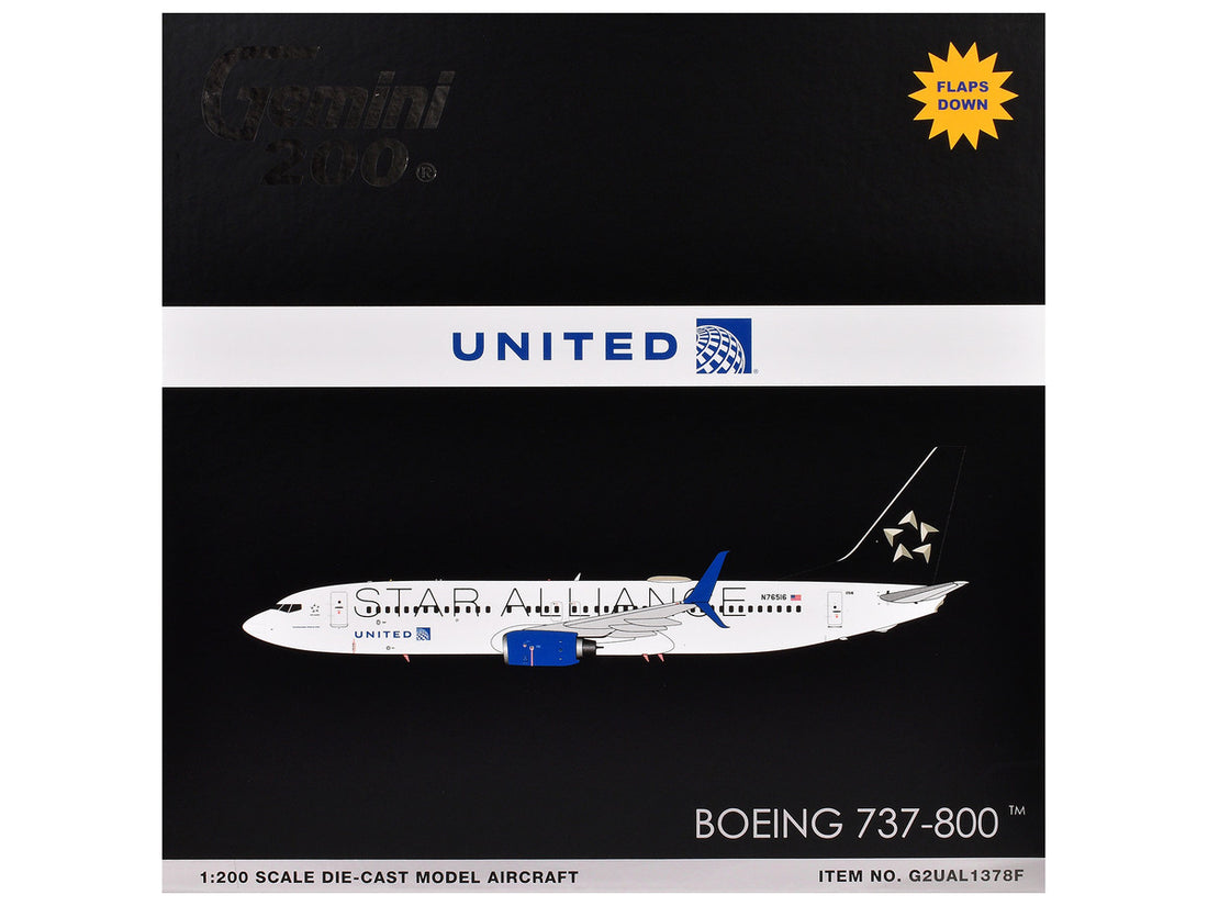 Boeing 737-800 Commercial Aircraft with Flaps Down "United Airlines Star Alliance" (N76516) White with Black Tail "Gemini 200" Series 1/200 Diecast Model Airplane by GeminiJets-2