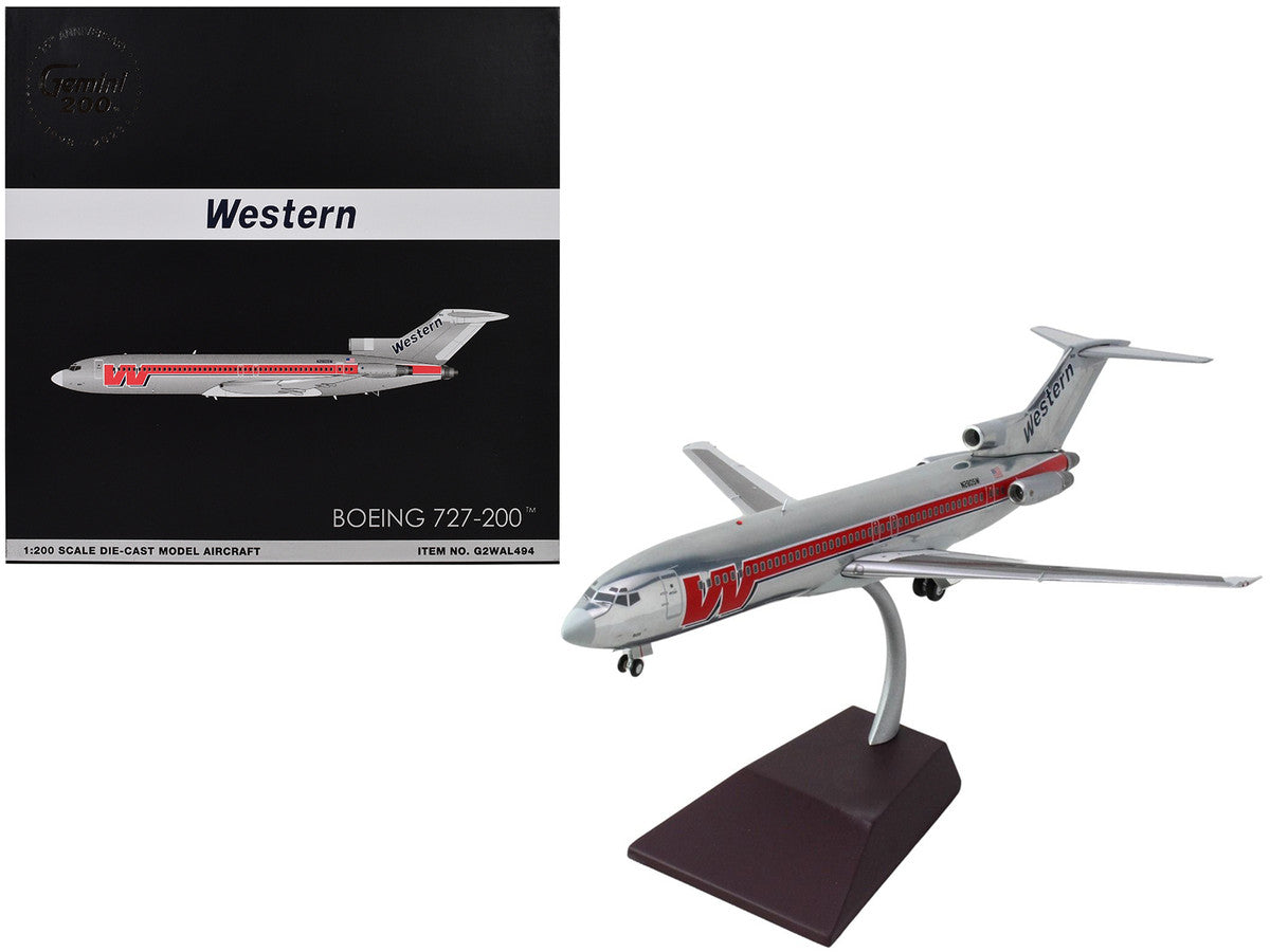 Boeing 727-200 Commercial Aircraft "Western Airlines" (N2805W) Silver with Red Stripes "Gemini 200" Series 1/200 Diecast Model Airplane by GeminiJets-0
