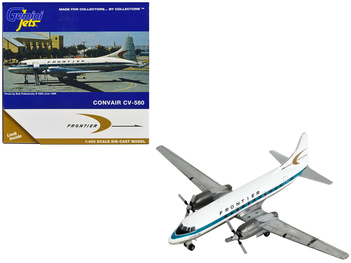 Convair CV-580 Commercial Aircraft "Frontier Airlines" White with Teal Stripes 1/400 Diecast Model Airplane by GeminiJets-0