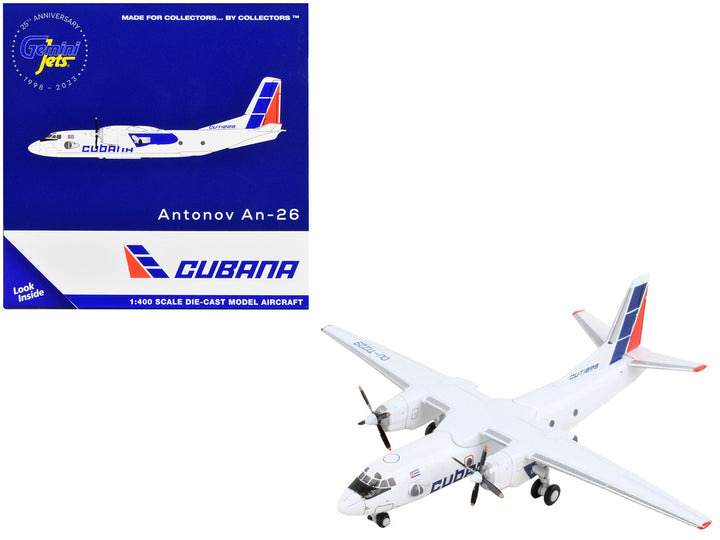 Antonov An-26 Commercial Aircraft "Cubana de Aviacion" White with Red and Blue Tail 1/400 Diecast Model Airplane by GeminiJets-0