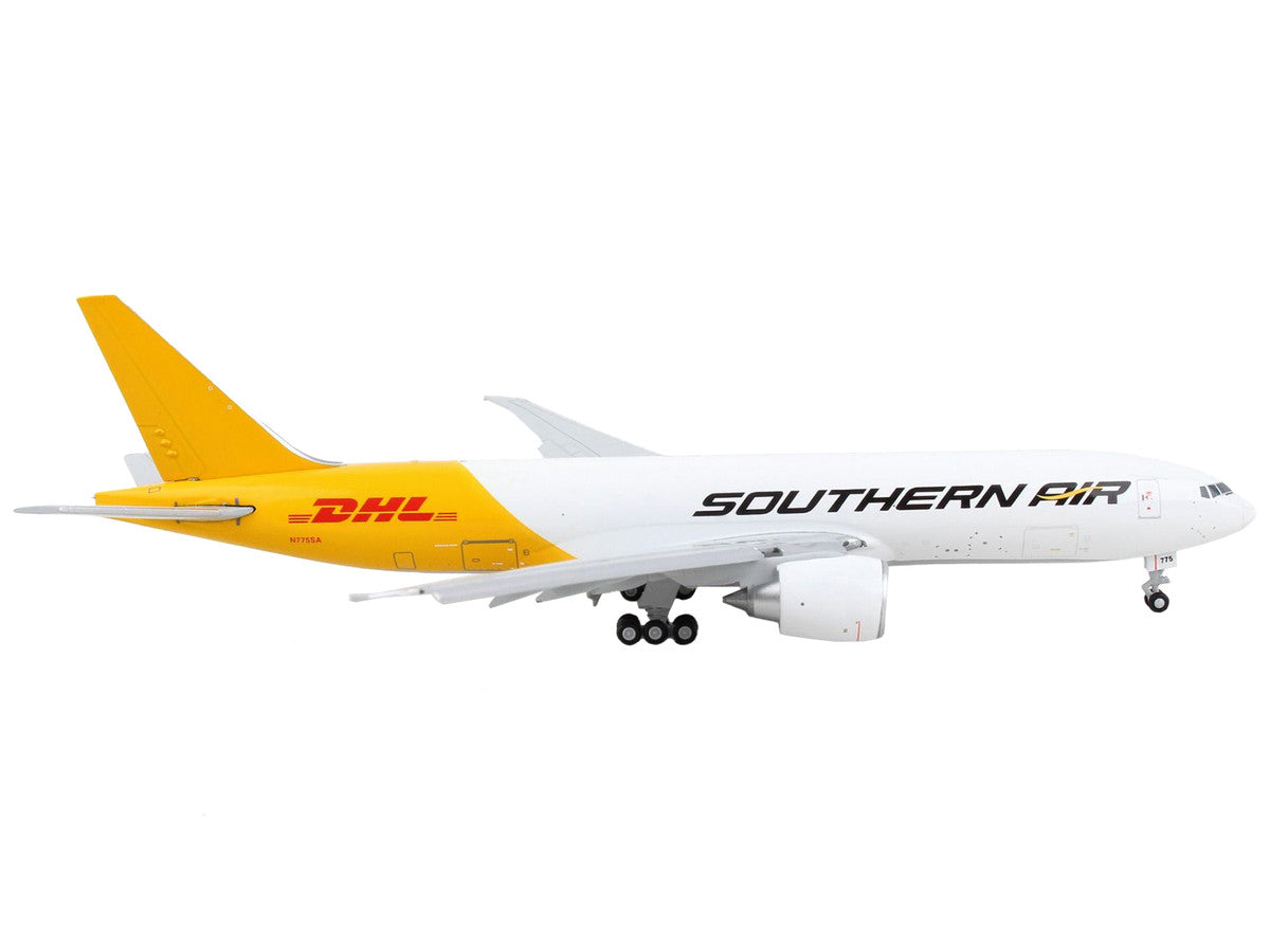 Boeing 777F Commercial Aircraft with Flaps Down "Southern Air - DHL" White and Yellow 1/400 Diecast Model Airplane by GeminiJets-1