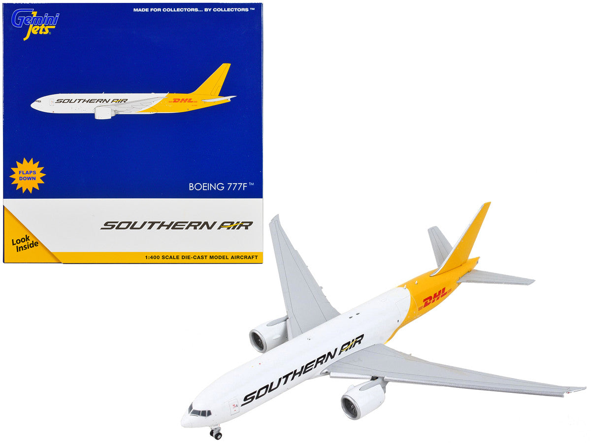 Boeing 777F Commercial Aircraft with Flaps Down "Southern Air - DHL" White and Yellow 1/400 Diecast Model Airplane by GeminiJets-0