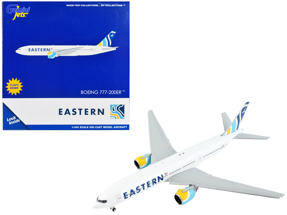 Boeing 777-200ER Commercial Aircraft with Flaps Down "Eastern Air Lines" White with Striped Tail 1/400 Diecast Model Airplane by GeminiJets-0