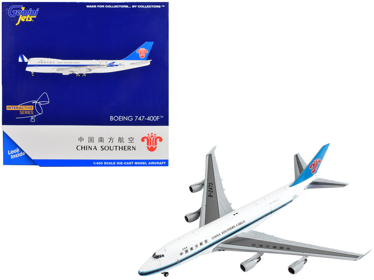 Boeing 747-400F Commercial Aircraft "China Southern Cargo" White with Black Stripes and Blue Tail "Interactive Series" 1/400 Diecast Model Airplane by GeminiJets-0