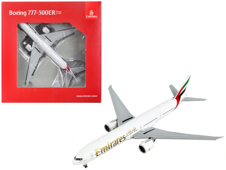 Boeing 777-300ER Commercial Aircraft with Flaps Down "Emirates Airlines" White with Striped Tail 1/400 Diecast Model Airplane by GeminiJets-0