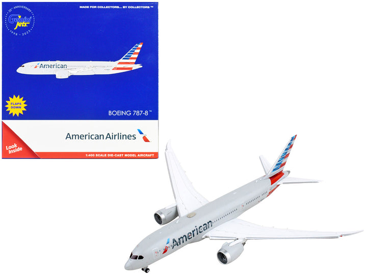 Boeing 787-8 Commercial Aircraft with Flaps Down "American Airlines" Gray with Striped Tail 1/400 Diecast Model Airplane by GeminiJets-0