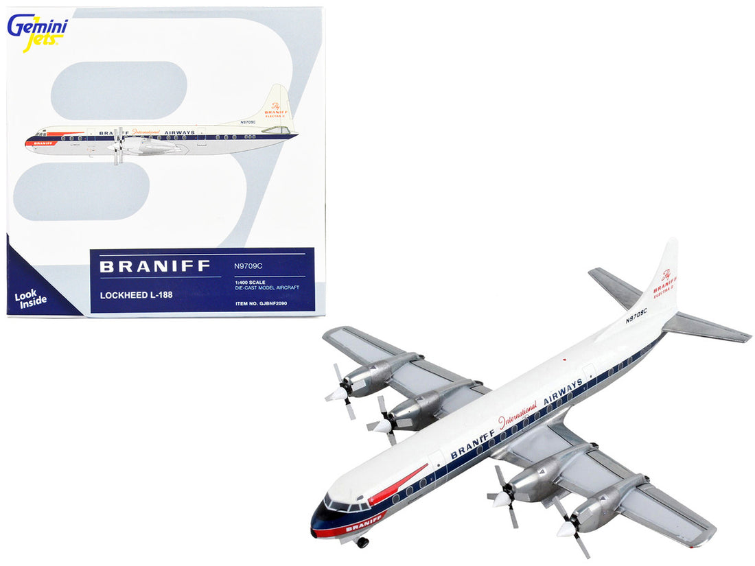 Lockheed L-188 Electra Commercial Aircraft "Braniff International Airways" White with Blue Stripes 1/400 Diecast Model Airplane by GeminiJets-0