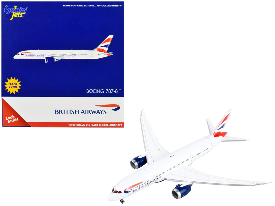 Boeing 787-8 Commercial Aircraft with Flaps Down "British Airways" White with Tail Stripes 1/400 Diecast Model Airplane by GeminiJets-0