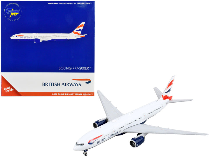 Boeing 777-200ER Commercial Aircraft "British Airways" White with Tail Stripes 1/400 Diecast Model Airplane by GeminiJets-0