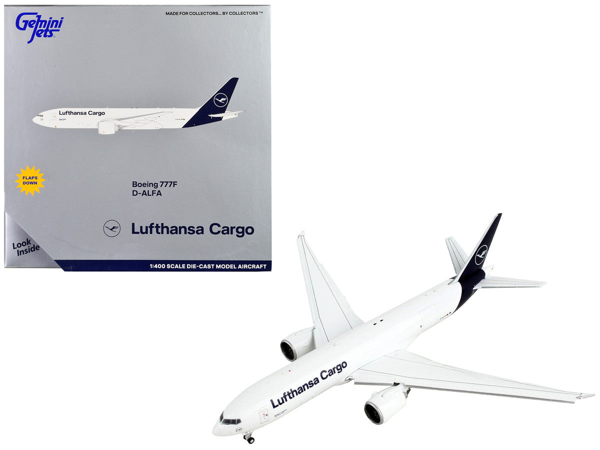 Boeing 777F Commercial Aircraft with Flaps Down "Lufthansa Cargo" White with Dark Blue Tail 1/400 Diecast Model Airplane by GeminiJets-0