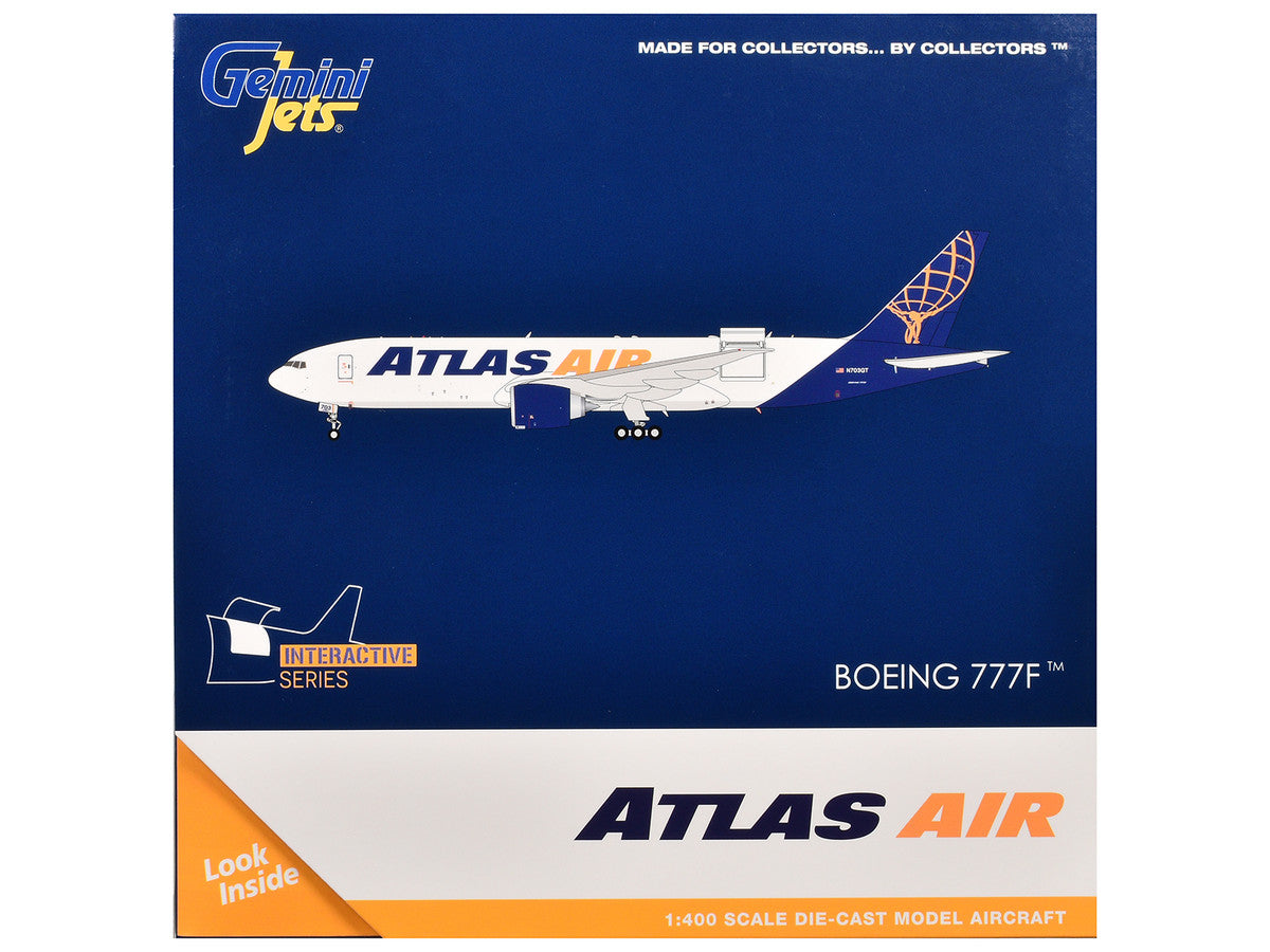 Boeing 777-200LRF Commercial Aircraft "Atlas Air" (N703GT) White with Blue Tail "Interactive Series" 1/400 Diecast Model Airplane by GeminiJets-2