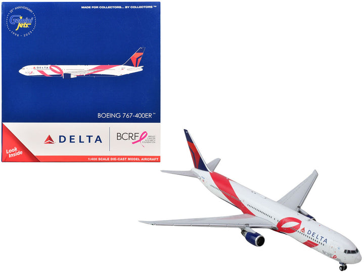 Boeing 767-400ER Commercial Aircraft "Delta Air Lines - Breast Cancer Research Foundation" (N845MH) White with Ribbon Graphics and Red and Blue Tail 1/400 Diecast Model Airplane by GeminiJets-0