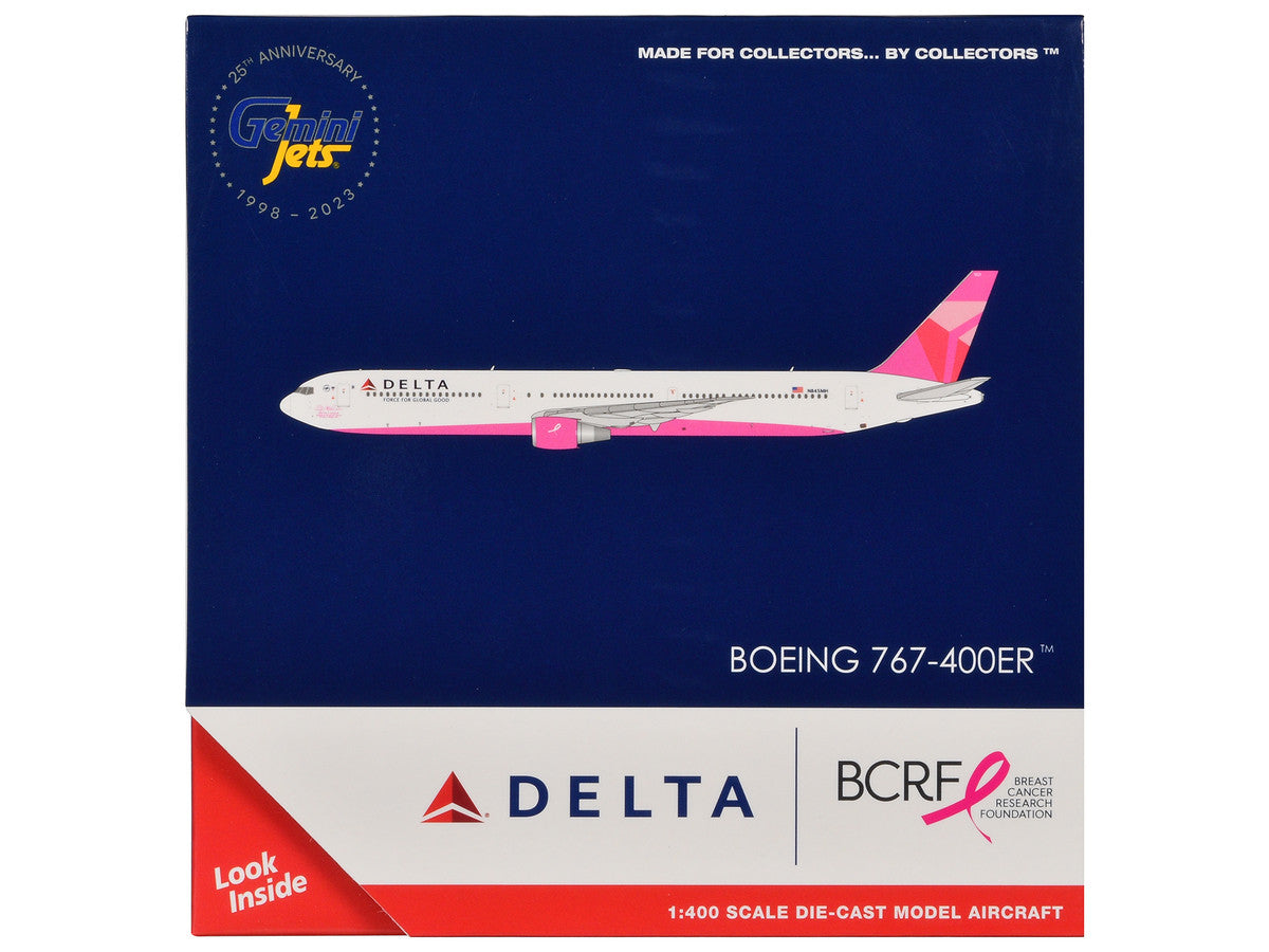 Boeing 767-400ER Commercial Aircraft "Delta Air Lines - Breast Cancer Research Foundation" (N845MH) White with Pink Tail 1/400 Diecast Model Airplane by GeminiJets-1