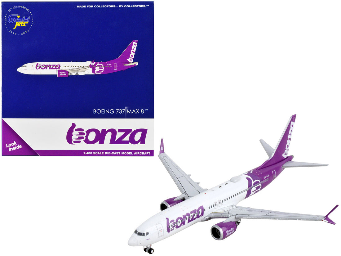 Boeing 737 MAX 8 Commercial Aircraft "Bonza Aviation" White and Purple 1/400 Diecast Model Airplane by GeminiJets-0