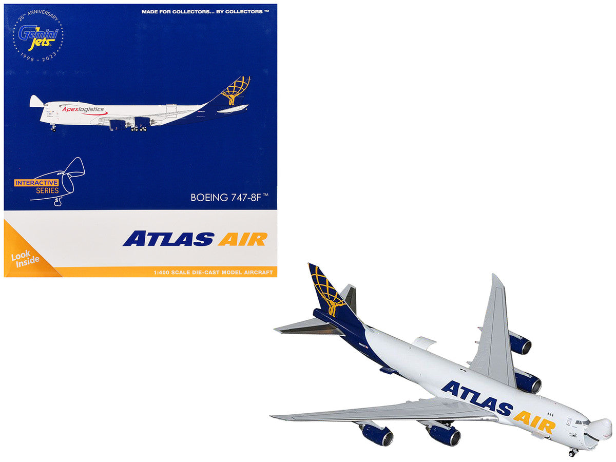 Boeing 747-8F Commercial Aircraft "Atlas Air - Apex Logistics" (N863GT) White with Blue Tail "Interactive Series" 1/400 Diecast Model Airplane by GeminiJets-2