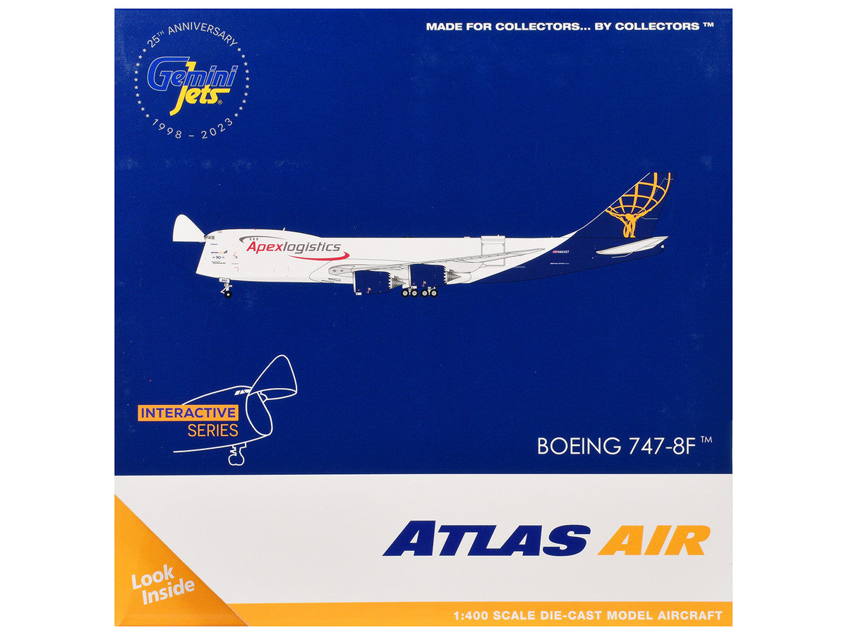Boeing 747-8F Commercial Aircraft "Atlas Air - Apex Logistics" (N863GT) White with Blue Tail "Interactive Series" 1/400 Diecast Model Airplane by GeminiJets-1