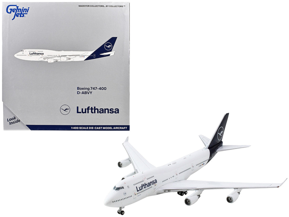 Boeing 747-400 Commercial Aircraft "Lufthansa" (D-ABVY) White with Dark Blue Tail 1/400 Diecast Model Airplane by GeminiJets-0