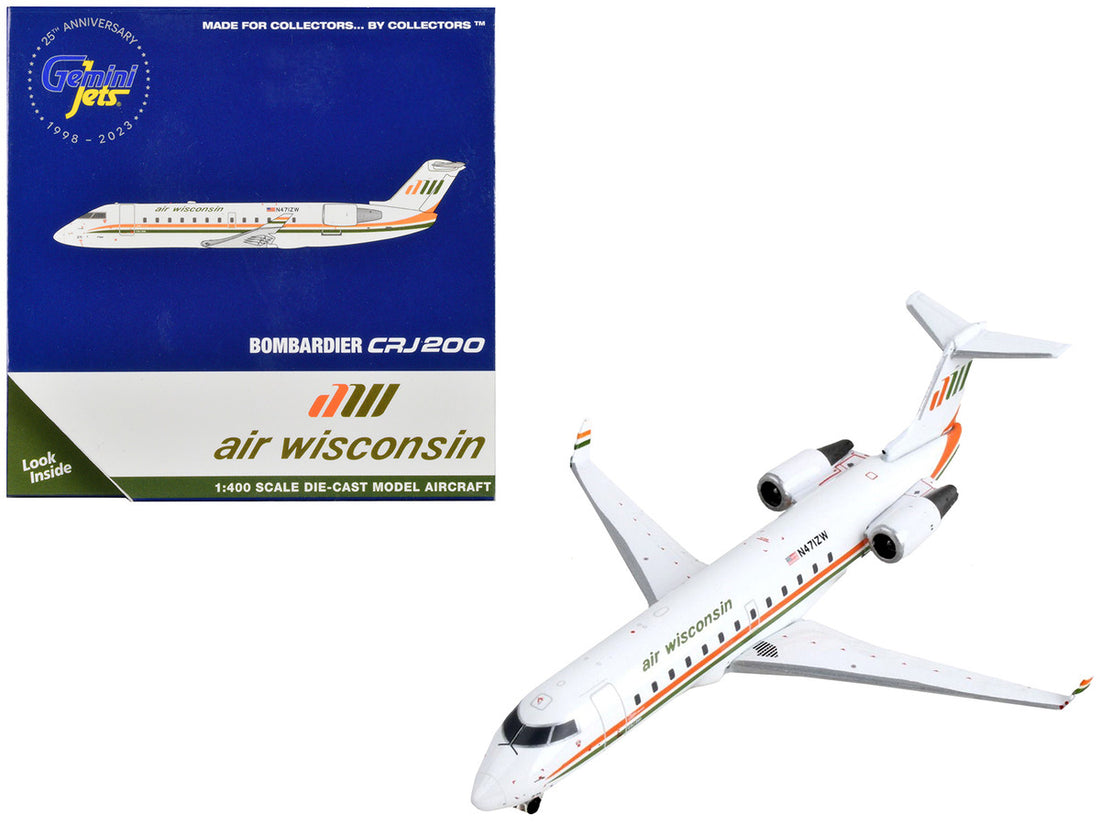 Bombardier CRJ200 Commercial Aircraft "Air Wisconsin" White with Orange and Green Stripes 1/400 Diecast Model Airplane by GeminiJets-0