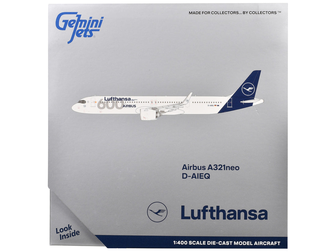 Airbus A321neo Commercial Aircraft "Lufthansa - 600th Airbus Aircraft" (D-AIEQ) White with Dark Blue Tail 1/400 Diecast Model Airplane by GeminiJets-2