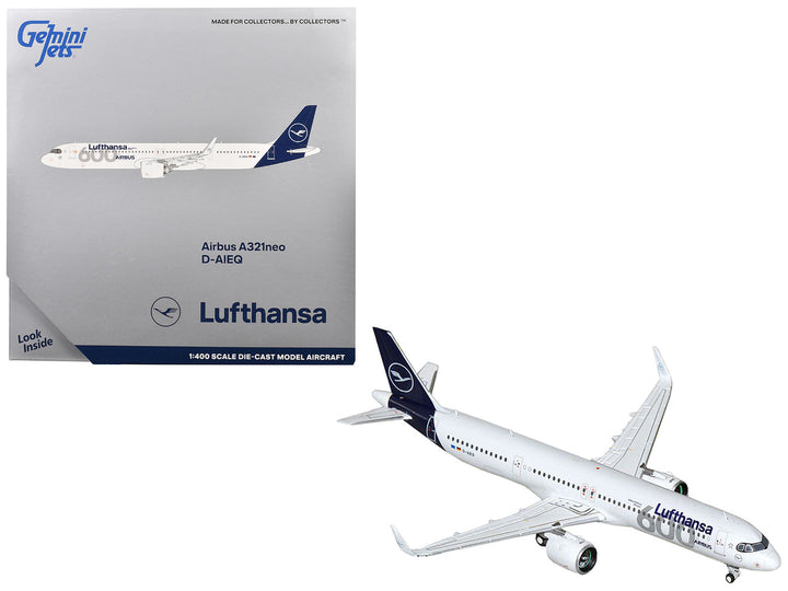 Airbus A321neo Commercial Aircraft "Lufthansa - 600th Airbus Aircraft" (D-AIEQ) White with Dark Blue Tail 1/400 Diecast Model Airplane by GeminiJets-0