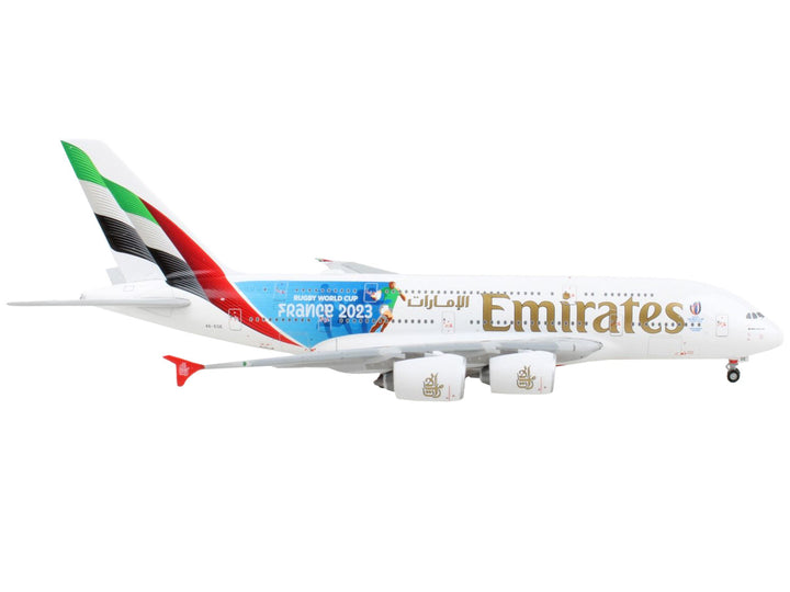 Airbus A380-800 Commercial Aircraft "Emirates Airlines - 2023 Rugby World Cup Sponsor" White with Striped Tail 1/400 Diecast Model Airplane by GeminiJets-1