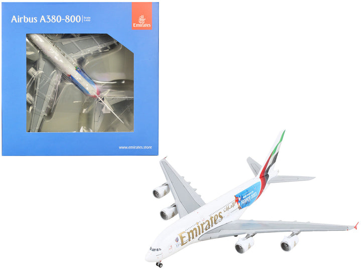 Airbus A380-800 Commercial Aircraft "Emirates Airlines - 2023 Rugby World Cup Sponsor" White with Striped Tail 1/400 Diecast Model Airplane by GeminiJets-0