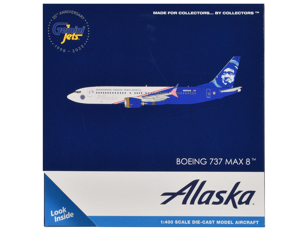 Boeing 737 MAX 8 Commercial Aircraft "Alaska Airlines - Honoring Those Who Serve" (N806AK) White and Blue 1/400 Diecast Model Airplane by GeminiJets-1
