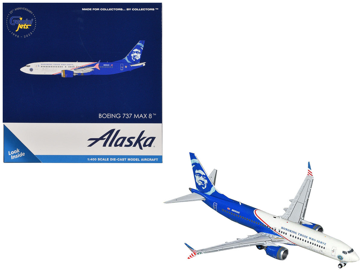 Boeing 737 MAX 8 Commercial Aircraft "Alaska Airlines - Honoring Those Who Serve" (N806AK) White and Blue 1/400 Diecast Model Airplane by GeminiJets-2