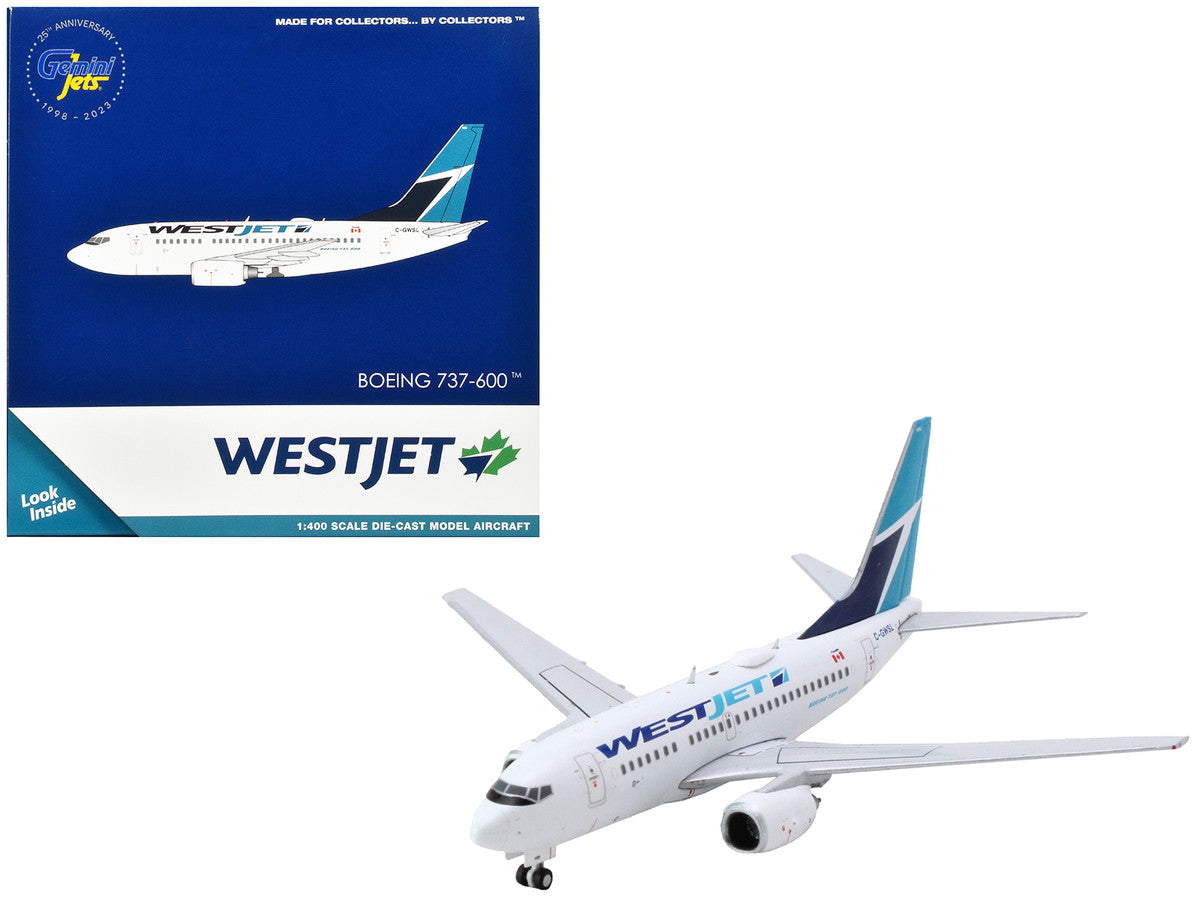 Boeing 737-600 Commercial Aircraft "Westjet Airlines" (C-GWSL) White with Blue Tail 1/400 Diecast Model Airplane by GeminiJets-1