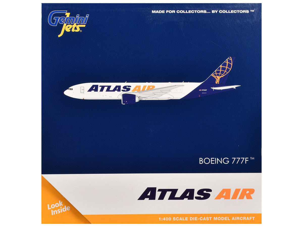 Boeing 777-200LR Commercial Aircraft "Atlas Air" (N703GT) White with Blue Tail 1/400 Diecast Model Airplane by GeminiJets-2