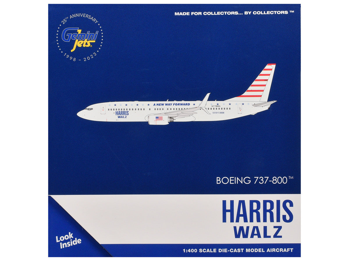 Boeing 737-800 Commercial Aircraft "Harris-Walz Campaign" (N778MA) White with Striped Tail 1/400 Diecast Model Airplane by GeminiJets-2