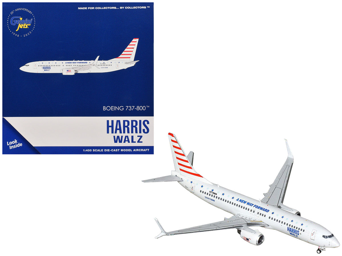 Boeing 737-800 Commercial Aircraft "Harris-Walz Campaign" (N778MA) White with Striped Tail 1/400 Diecast Model Airplane by GeminiJets-0