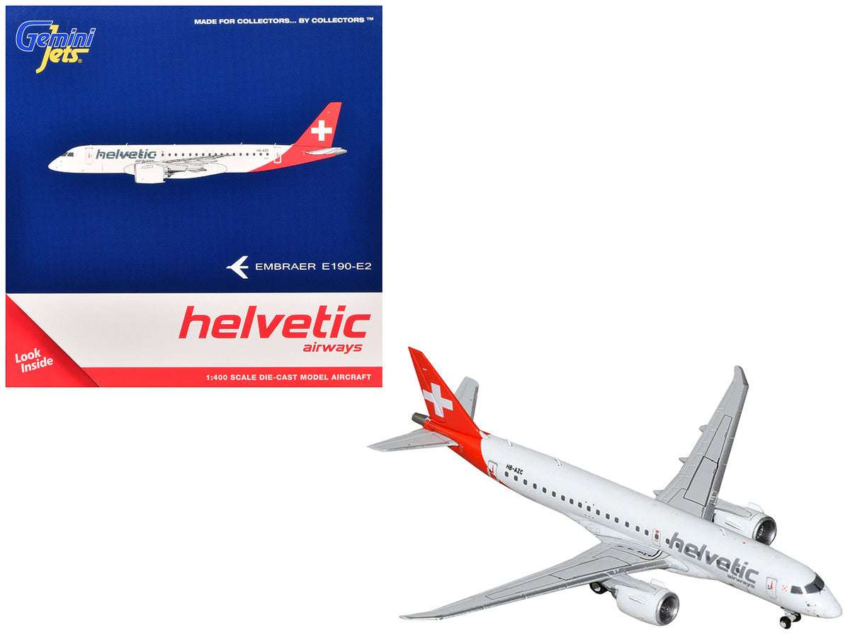 Embraer E190-E2 Commercial Aircraft "Helvetic Airways" (HB-AZC) White with Red Tail 1/400 Diecast Model Airplane by GeminiJets-0